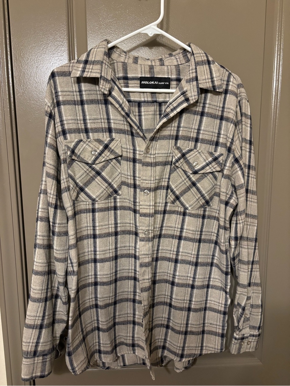 Lokai Beige and Navy Plaid Flannel Button-Down Shirt